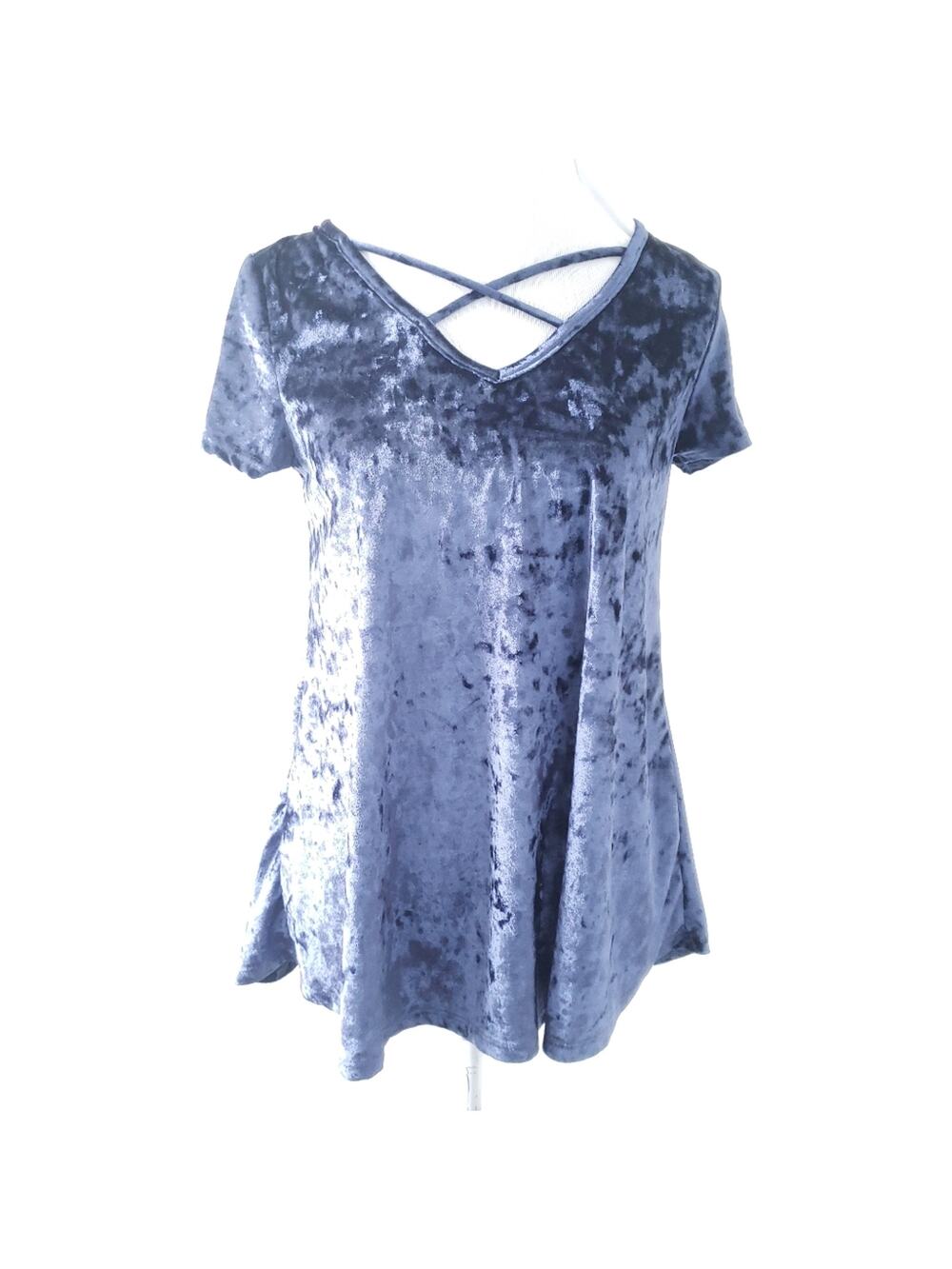 Entro Navy Blue Crushed Velvet Short Sleeve Top Shirt SMALL Boho Bohemian